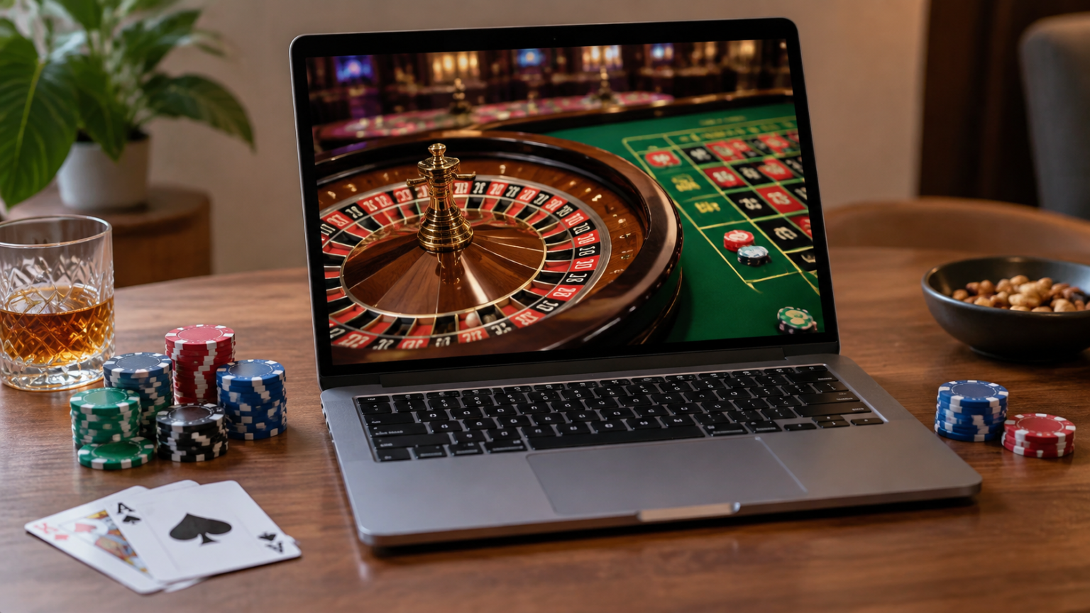 An online casino Singapore Guide to Informed Play Laptop displaying an online casino roulette game beside playing cards and casino chips