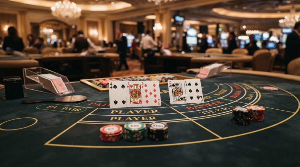 Baccarat Trực Tuyến: Kinh Nghiệm & Chiến Thuật Hiệu Quả Bàn chơi baccarat trực tuyến với các lá bài và chip cược chuyên nghiệp