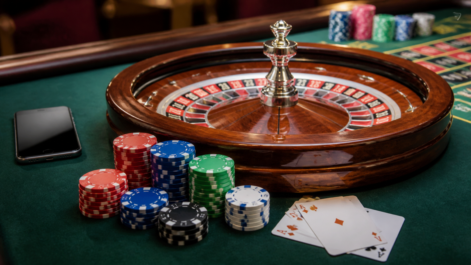 Smartphone near casino chips and roulette wheel for betting sites Singapore