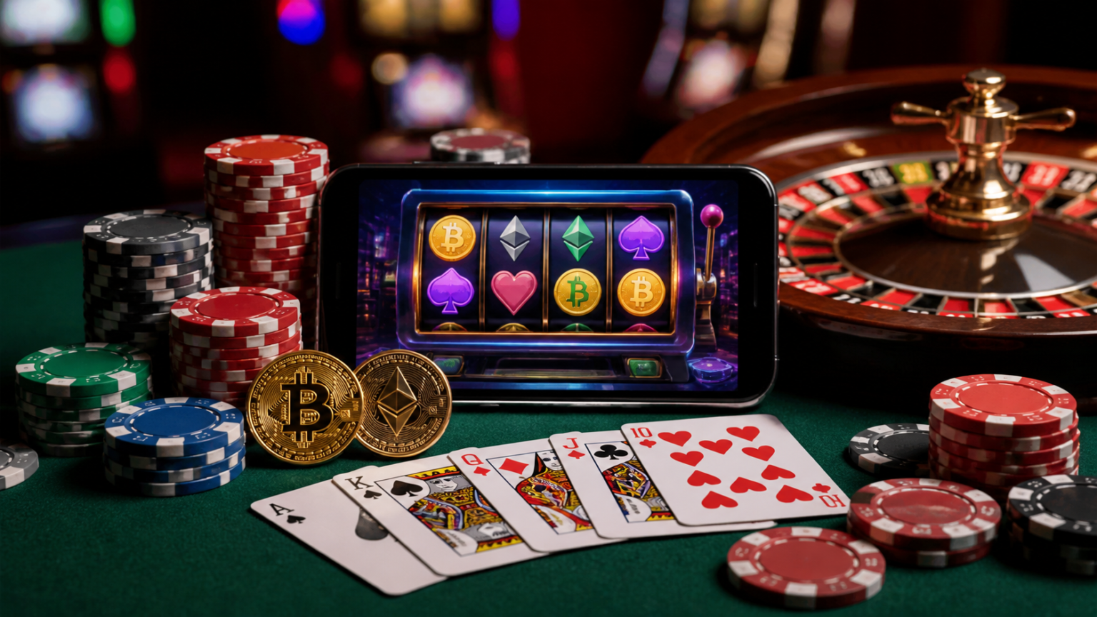 crypto casino Singapore: A Practical Guide for Players Crypto casino gaming setup with cards, chips, and smartphone