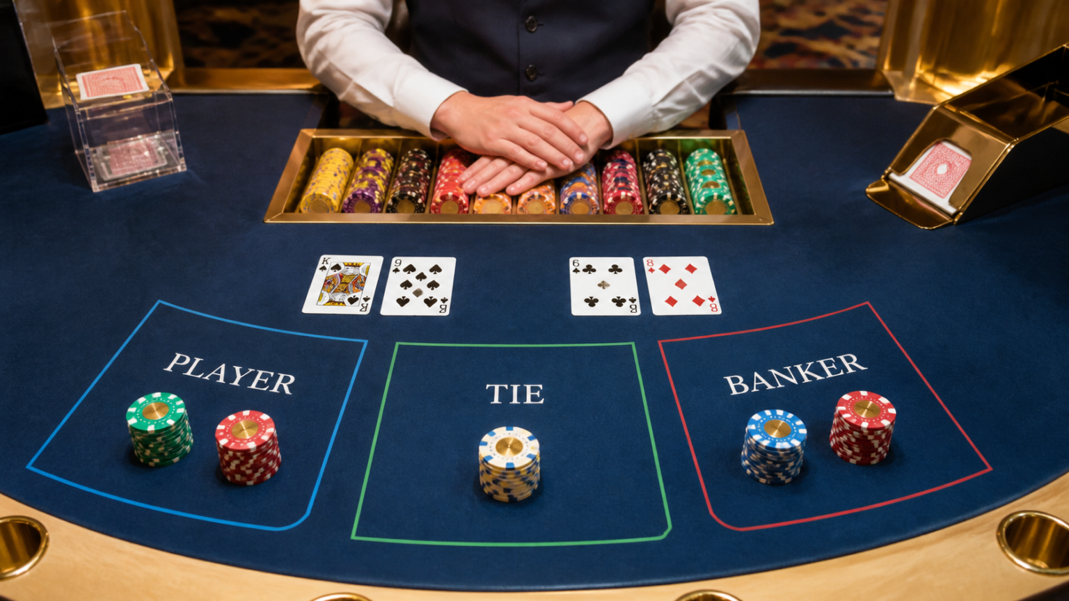 game bài baccarat: cách chơi, luật bàn và lựa chọn sáng suốt Bàn baccarat với bài, chip và các cửa cược Người Chơi, Nhà Cái, Hòa