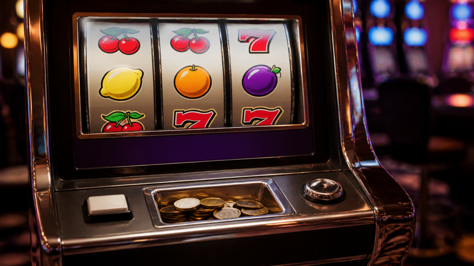 Hiểu đúng về trò chơi nổ hũ và khoản thưởng: game nổ hũ rút tiền mặt Máy nổ hũ trong sòng bạc với nút rút thưởng và khay xu
