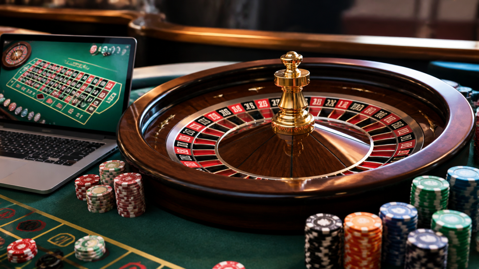 Casino betting site interface beside chips and roulette wheel