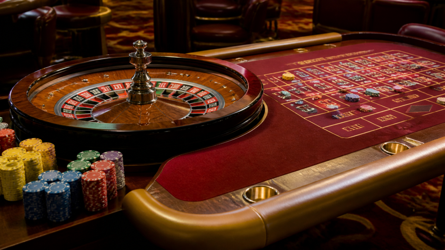 Bàn roulette casino với vòng quay, phỉnh và khu vực đặt cược