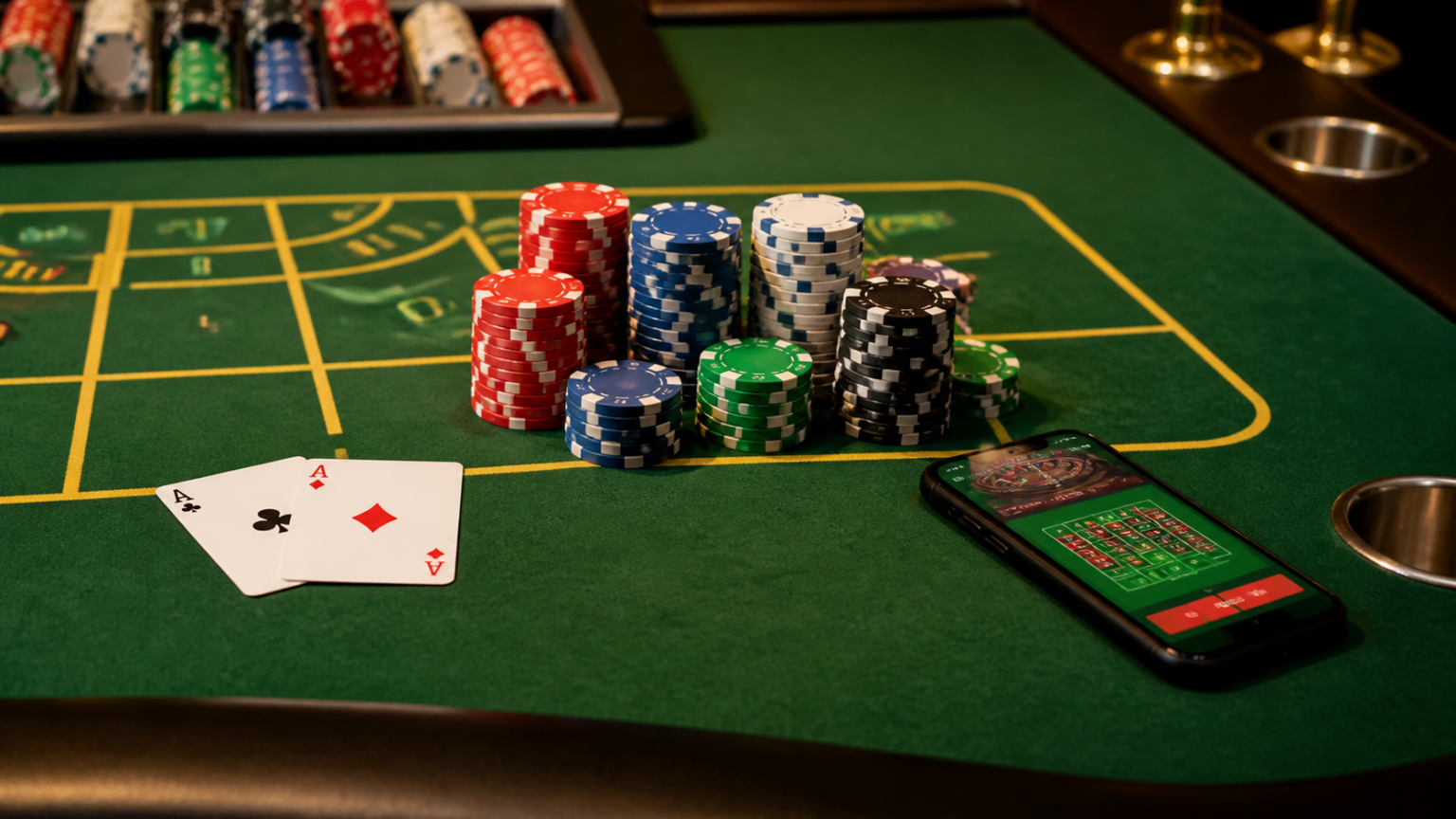 Casino table with chips and smartphone for online betting