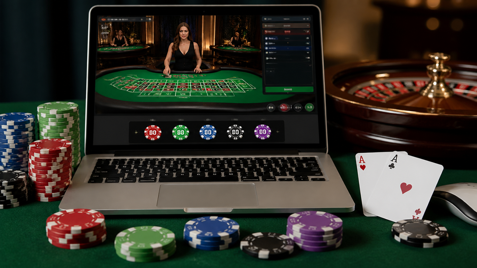 Laptop displaying online betting site with casino chips and cards