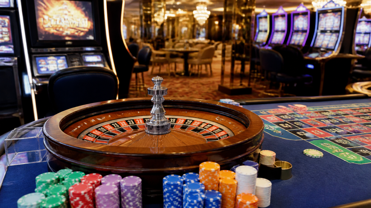 Casino gaming table with cards and roulette wheel