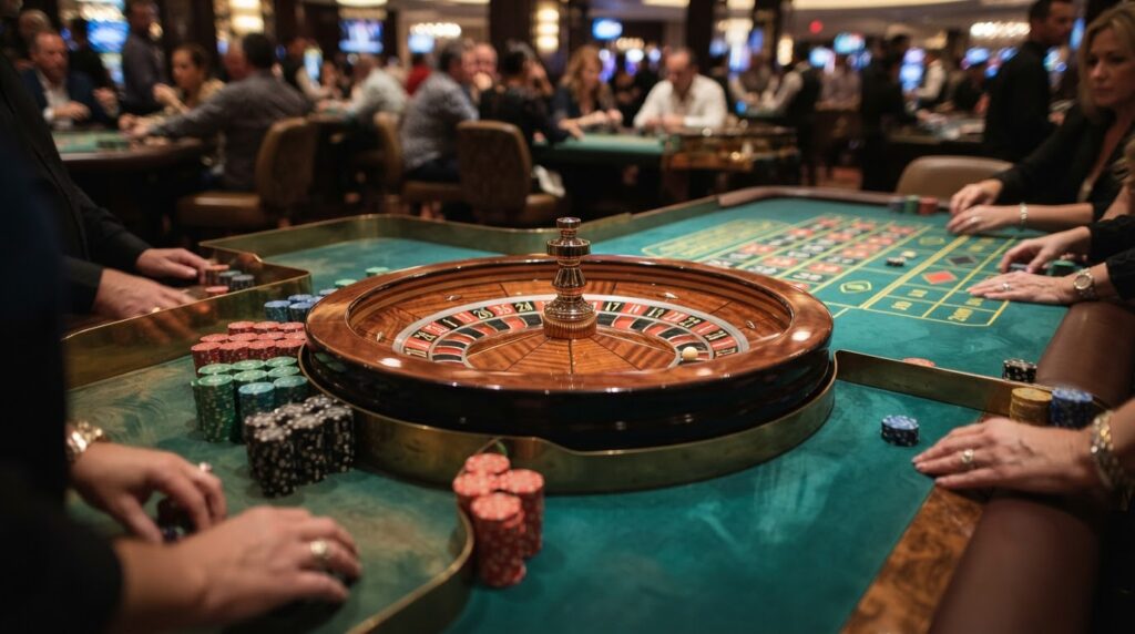 A close-up of a casino roulette table with chips and a roulette wheel