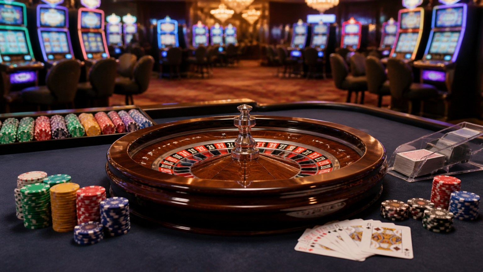 sg online casino: What Players Should Know Before They Start Casino gaming setup with slots, cards, and roulette wheel