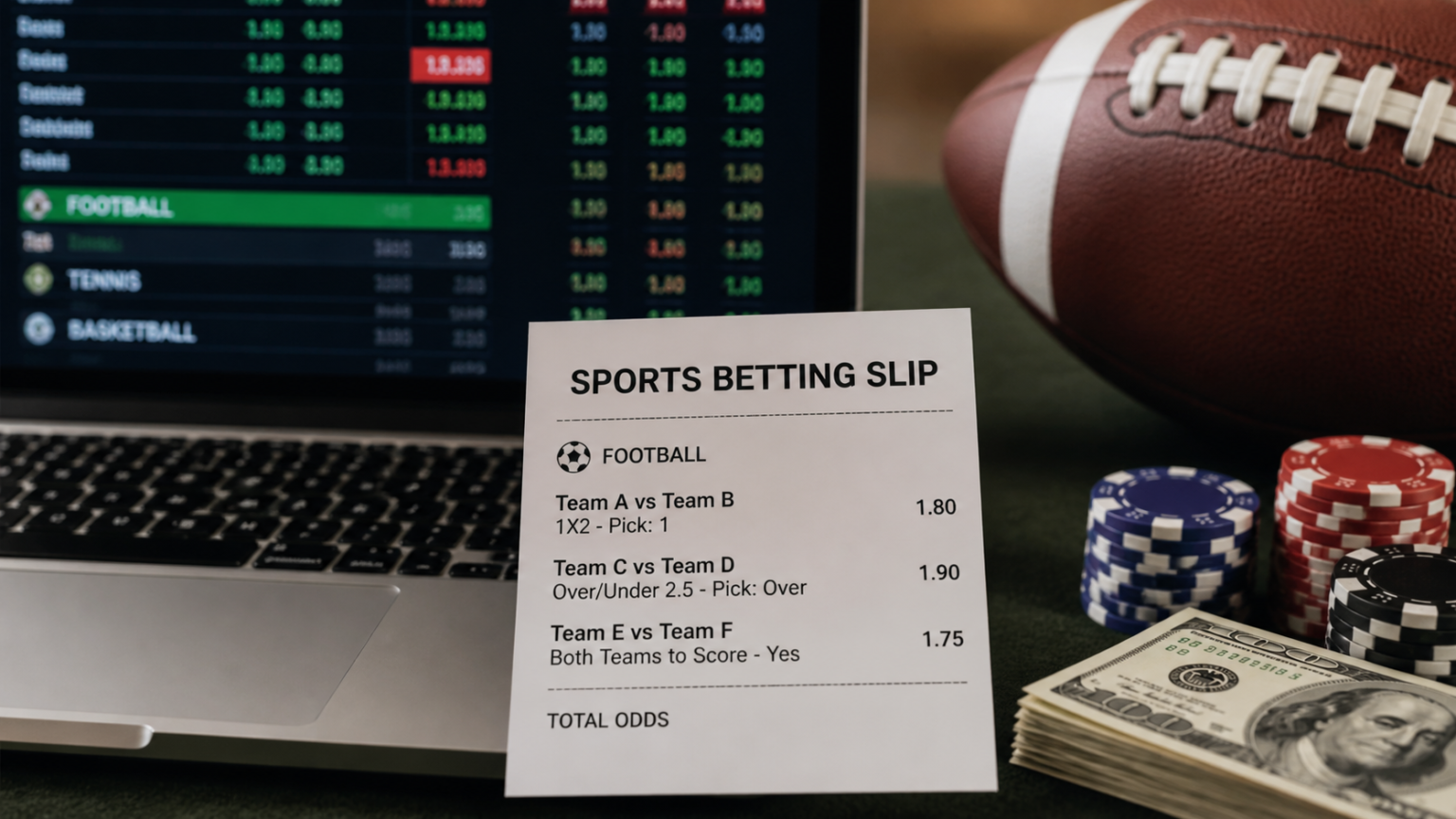 Football betting slip and laptop showing sports odds