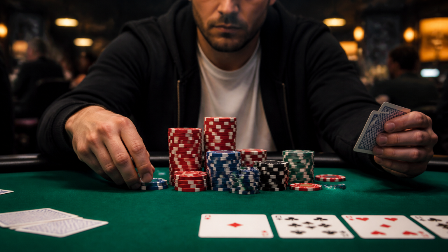 Poker table with chips and cards for real-money poker